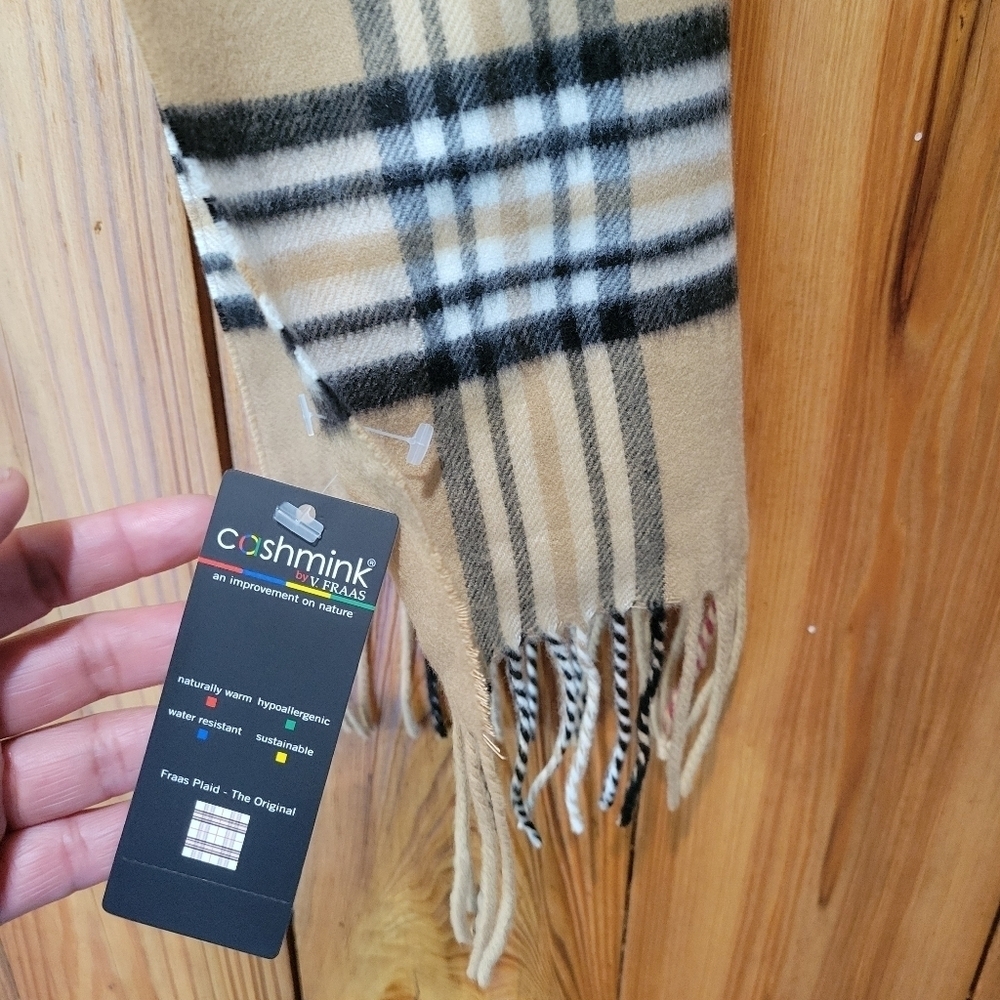 Cashming Plaid Beige Scarf with Red and Black Accents - Picture 2 of 8